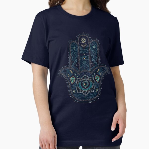 Vista previa del artículo con la obra «Hamsa Hand en azul y oro», diseñado y vendido por Dina June.