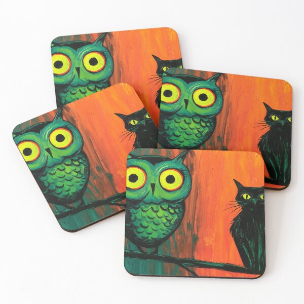 Item preview, Celebrate Halloween with a Mysterious Owl and Cat Perched Together in Bold Teal and Orange designed and sold by OlfactoART Studio.
