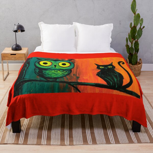 Item preview, Celebrate Halloween with a Mysterious Owl and Cat Perched Together in Bold Teal and Orange designed and sold by OlfactoART Studio.