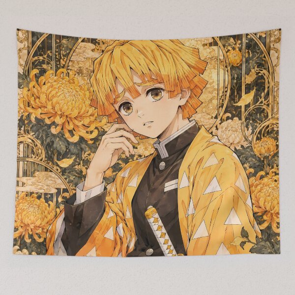 Item preview, Zenitsu Agatsuma Demon Slayer Golden Chrysanthemum Floral Portrait designed and sold by Drissorartisa.