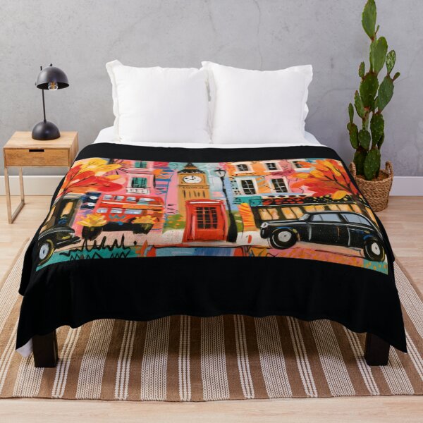 Item preview, Avant Garde London in Fall with Big Ben, a Red Double-Decker Bus, and Vibrant Autumn Leaves designed and sold by OlfactoART Studio.