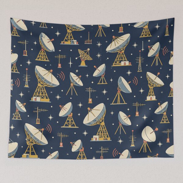 Item preview, Satellite Dish Pattern | Mid Century Radio Telescopes, Antenna Masts and Stars on Midnight Blue designed and sold by NominalSystems.