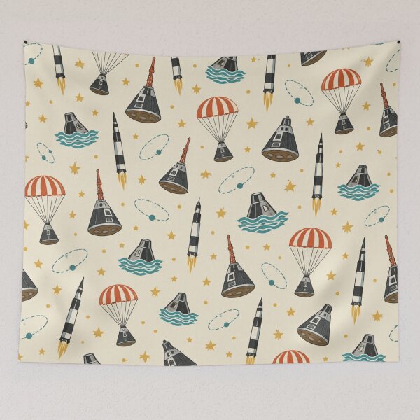 Item preview, Project Mercury Pattern | 1960s Space Capsules, Rockets, Parachutes and Splashdowns on Cream designed and sold by NominalSystems.