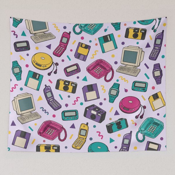 Item preview, 90s Gadgets Pattern | Pagers, Flip Phones, CD Players, Floppy Disks and Disposable Cameras on Lilac designed and sold by NominalSystems.