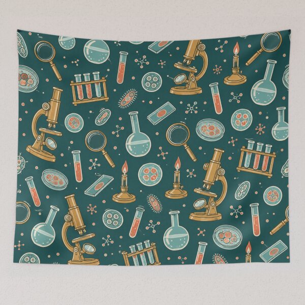 Item preview, Microscope Slide Pattern | Antique Brass Microscopes, Petri Dishes, Bunsen Burners and Flasks on Teal designed and sold by NominalSystems.