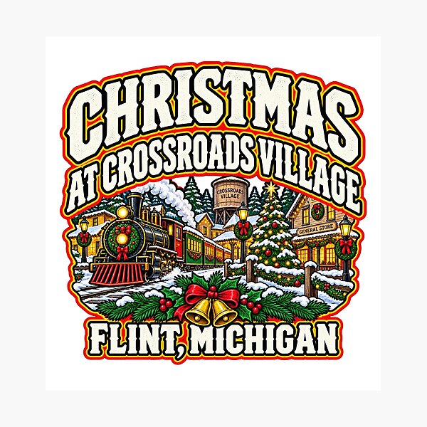 Item preview, Flint Michigan Christmas Steam Train Snowy Village Decorated Tree Wreath Bells Holly designed and sold by IRON WINGS /USAF.