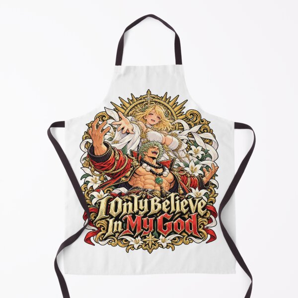 Item preview, I Only Believe In My God – Divine anime artwork featuring a muscular hero, a radiant goddess, and ornate gold accents. designed and sold by ZayCreates.
