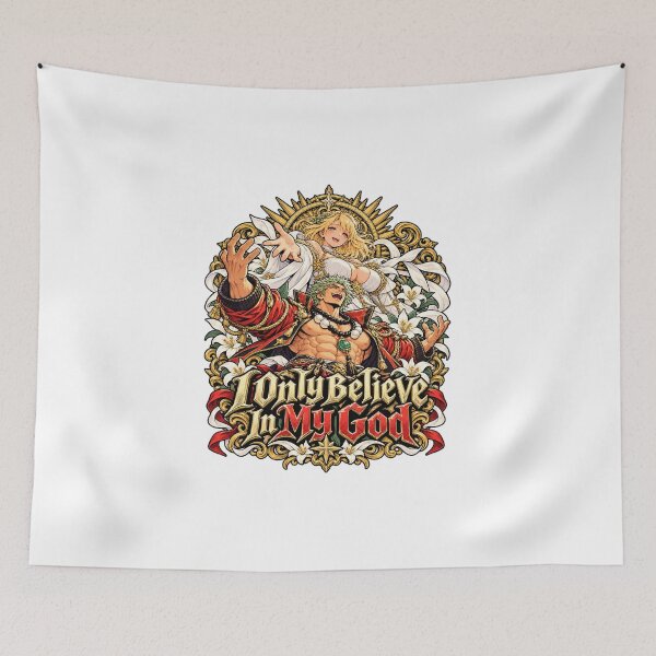 Item preview, I Only Believe In My God – Divine anime artwork featuring a muscular hero, a radiant goddess, and ornate gold accents. designed and sold by ZayCreates.