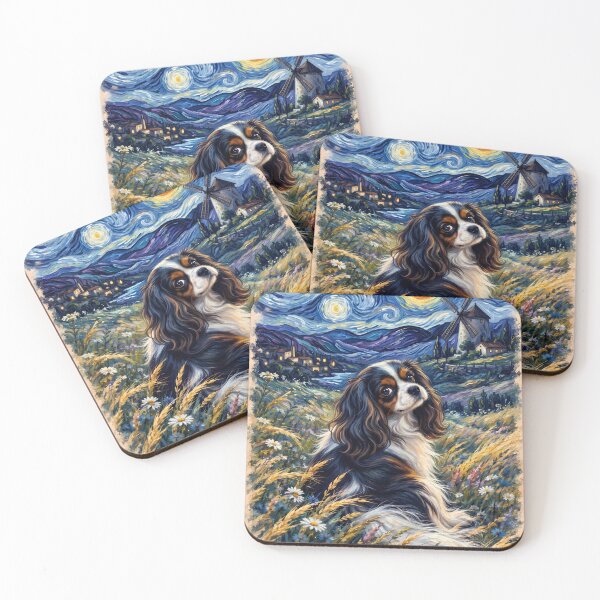 Item preview, Cavalier King Charles Spaniel Starry Night Windmill Wildflower Art designed and sold by ManJiangHong.