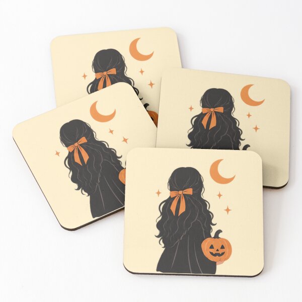 Item preview, Magic Behind Her – Spooky Witchy Girl with Orange Bow, Pumpkin & Crescent Moon designed and sold by RaiyanaCanvas.
