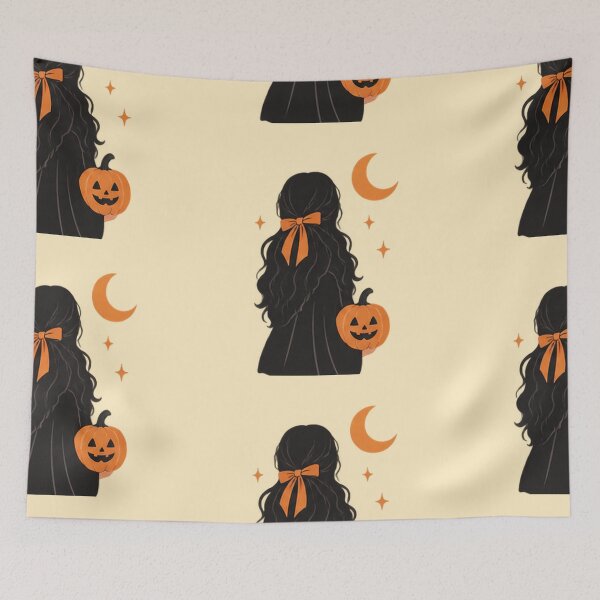 Item preview, Magic Behind Her – Spooky Witchy Girl with Orange Bow, Pumpkin & Crescent Moon designed and sold by RaiyanaCanvas.