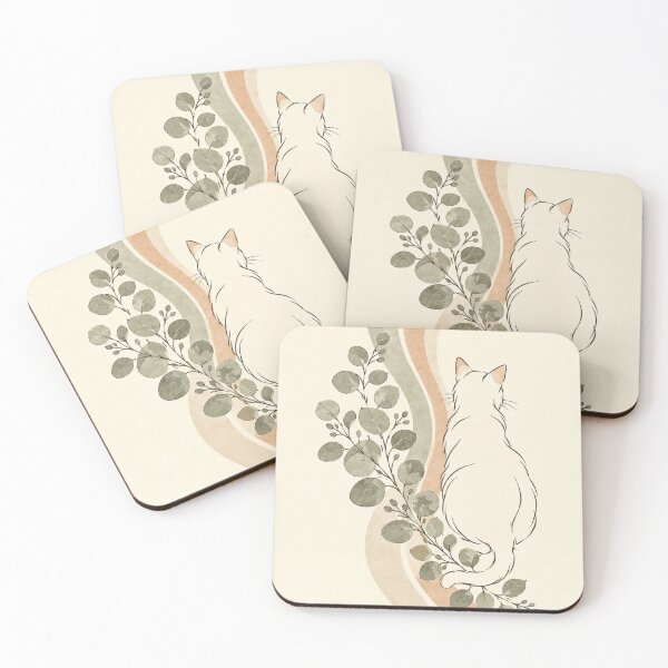 Item preview, Cat and Eucalyptus Stems Line Art | Flowing Tail Botanical Cat Lover Neutral Illustration designed and sold by Zaramodo.
