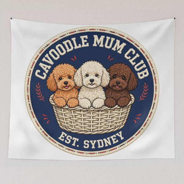 Item preview, Cavoodle Mum Club Sydney Basket Puppy Trio Badge designed and sold by Yellowriversss.