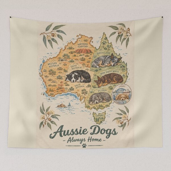 Item preview, Auatralia Map Aussie Dogs Sleeping Map Blue Heeler Kelpie Art designed and sold by Yellowriversss.