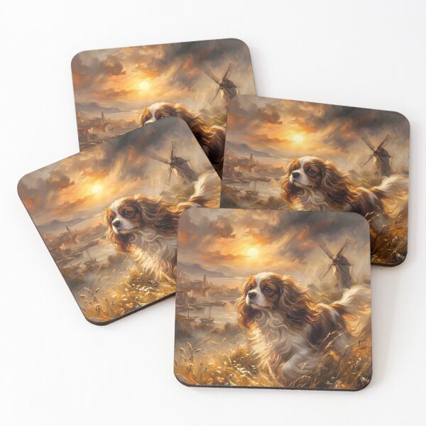 Item preview, Cavalier King Charles Spaniel Sunset Windmill Wildflower Meadow Oil Painting designed and sold by ManJiangHong.