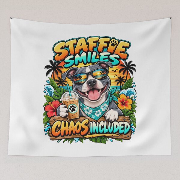Item preview, Funny Staffie Smiles Chaos Included Dog Design designed and sold by JezzasFunnyShirts .