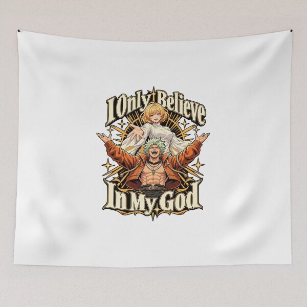 Item preview, I Only Believe In My God – Divine anime artwork featuring a muscular hero, a radiant goddess, and ornate gold accents. designed and sold by ZayCreates.