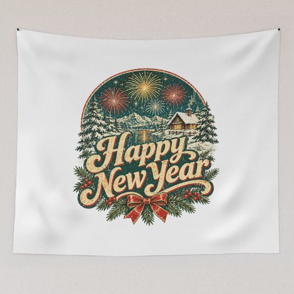 Item preview, Vintage Happy New Year Fireworks Winter Cabin Design designed and sold by NicheWearStudio.