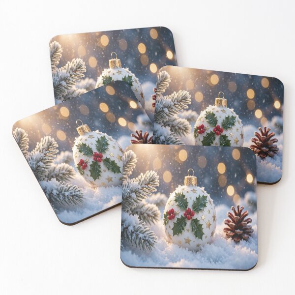 Item preview, Christmas Holly Bauble in Snow - White Christmas Ornament with Holly Berries and Gold Stars, Pine Branches and Pine Cone, Bokeh Lights designed and sold by Deepsleepstudio.