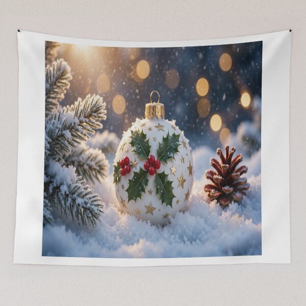 Item preview, Christmas Holly Bauble in Snow - White Christmas Ornament with Holly Berries and Gold Stars, Pine Branches and Pine Cone, Bokeh Lights designed and sold by Deepsleepstudio.