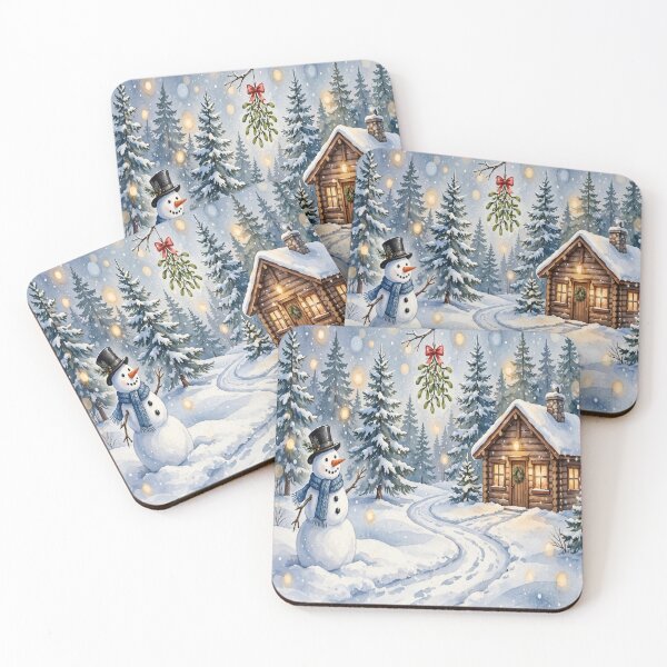Item preview, Winter Snowman and Log Cabin Scene - Cozy Winter Cabin with Snowman, Mistletoe and Snowy Pine Forest, Watercolor Style PNG 7632x7632 designed and sold by Deepsleepstudio.