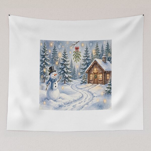 Item preview, Winter Snowman and Log Cabin Scene - Cozy Winter Cabin with Snowman, Mistletoe and Snowy Pine Forest, Watercolor Style PNG 7632x7632 designed and sold by Deepsleepstudio.