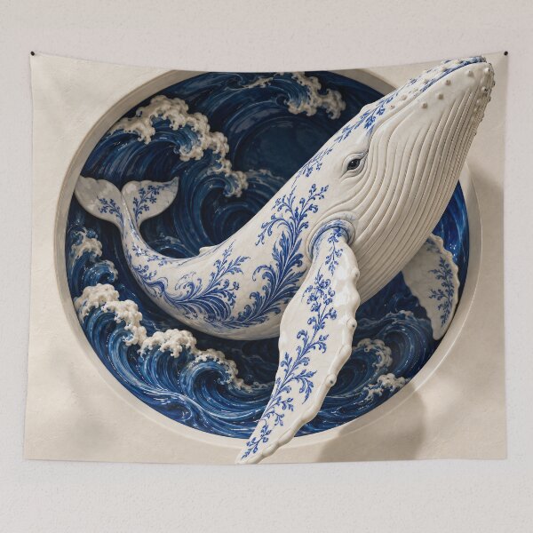 Item preview, Blue and White Porcelain Whale – Delft Ceramic Ocean Wave Art designed and sold by Kaleidoscope Print.