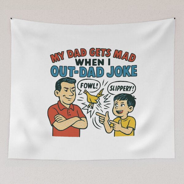 Item preview, My Dad Gets Mad When I Out-Dad Joke Yellow Chicken Pun Humor designed and sold by ThreadQuirk.