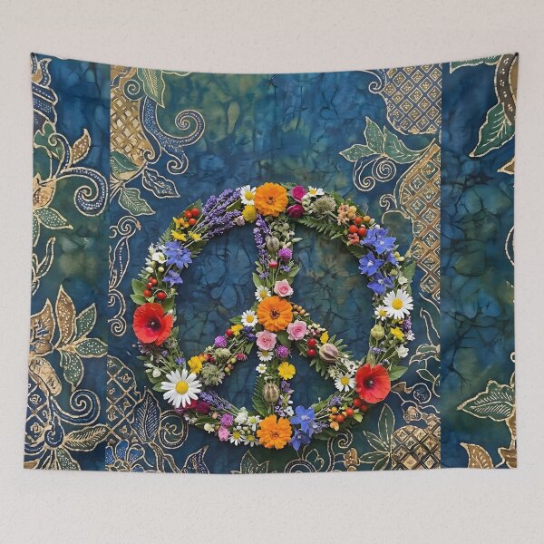 Item preview, Floral Peace Symbol on Batik Fabric Background designed and sold by Sybille-Yates.