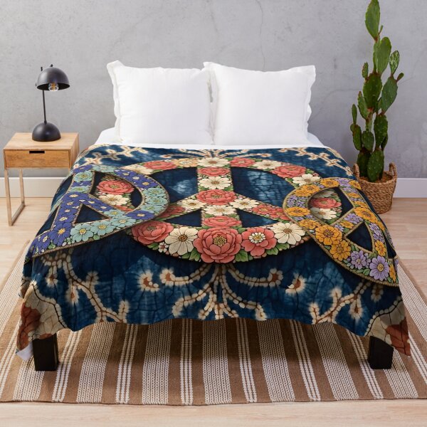 Item preview, Floral Peace Symbols on Batik Fabric Background designed and sold by Sybille-Yates.