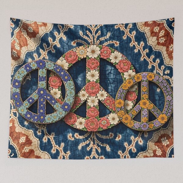 Item preview, Floral Peace Symbols on Batik Fabric Background designed and sold by Sybille-Yates.