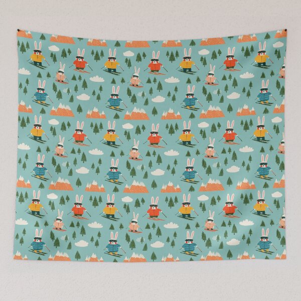 Item preview, Cute Skiing Rabbits Winter Mountain Snow Pattern designed and sold by NicolasGlowArt.