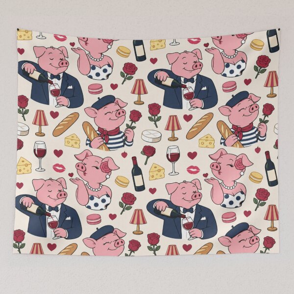 Item preview, Cerdo antropomórfico | Cena romántica en un bistró francés: Cerdos con vino tinto, baguettes, queso y rosas designed and sold by Furrenzy.
