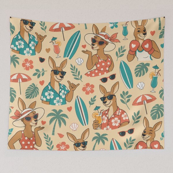 Item preview, Anthro Kangaroo | Beach Date Kangaroos in Hawaiian Shirts with Cocktails, Surfboards and Hearts designed and sold by Furrenzy.