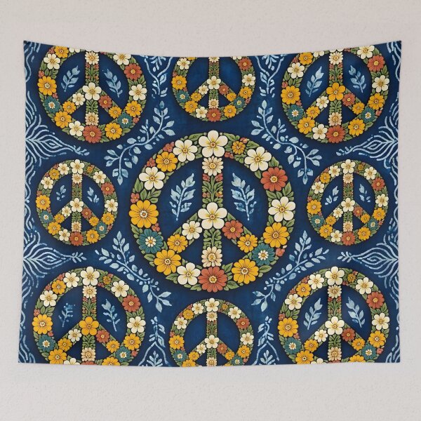 Item preview, Floral Peace Symbols on Batik Fabric Background designed and sold by Sybille-Yates.