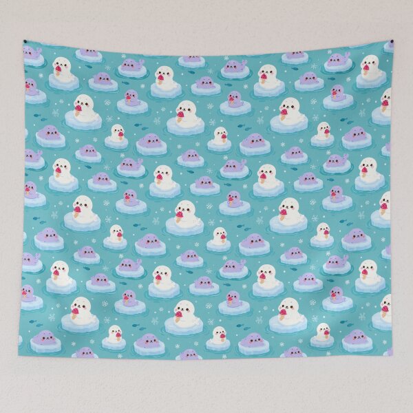 Item preview, Cute Kawaii Seals Ice Cream Winter Pattern designed and sold by NicolasGlowArt.