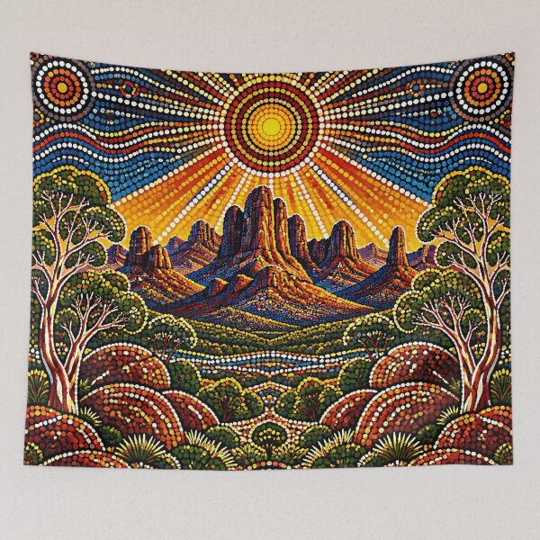 Item preview, Aboriginal Inspired Dot Art - Warrumbungle Sunburst Landscape designed and sold by GrinGalore.