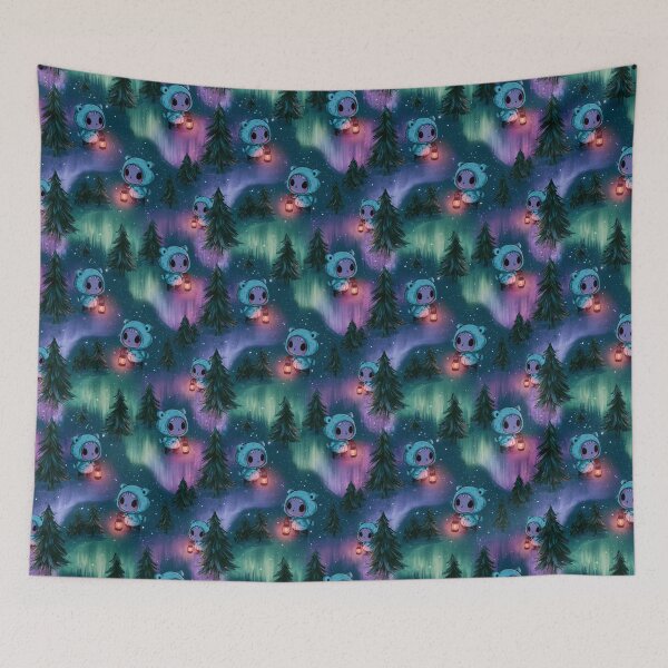 Item preview, Cute Chibi Bear Lantern Aurora Winter Forest Night designed and sold by NicolasGlowArt.
