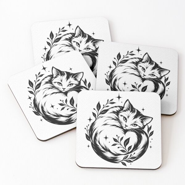 Item preview, Celestial Sleeping Cat Botanical Illustration Tattoo Style designed and sold by Miss Robot Shop.