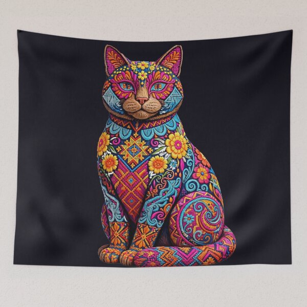 Item preview, Cute Folk Art Cat Embroidery Illustration designed and sold by  One City Two Children Studio.