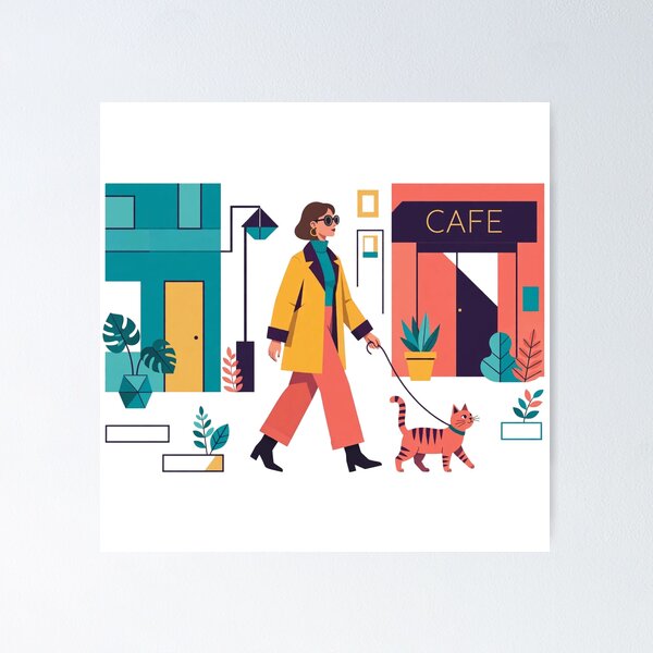 Item preview, Woman Walking Cat At Cafe Street Illustration designed and sold by ThePrintArt.