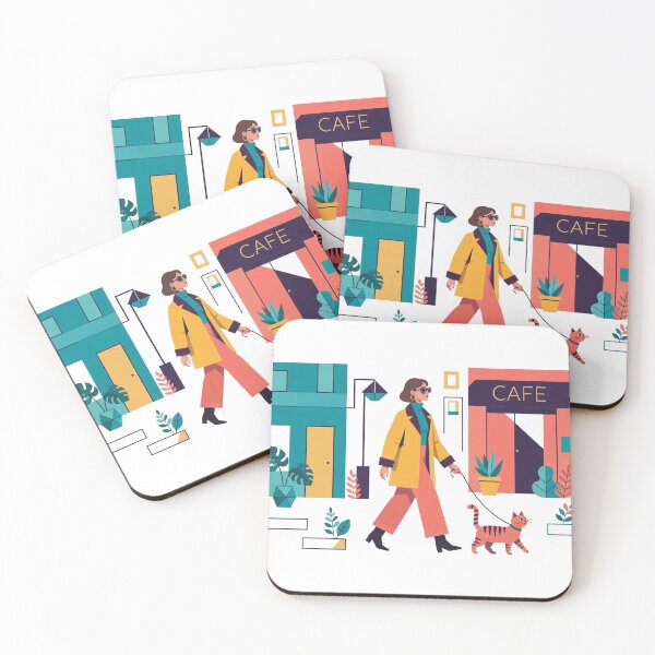 Item preview, Woman Walking Cat At Cafe Street Illustration designed and sold by ThePrintArt.