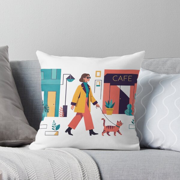 Item preview, Woman Walking Cat At Cafe Street Illustration designed and sold by ThePrintArt.