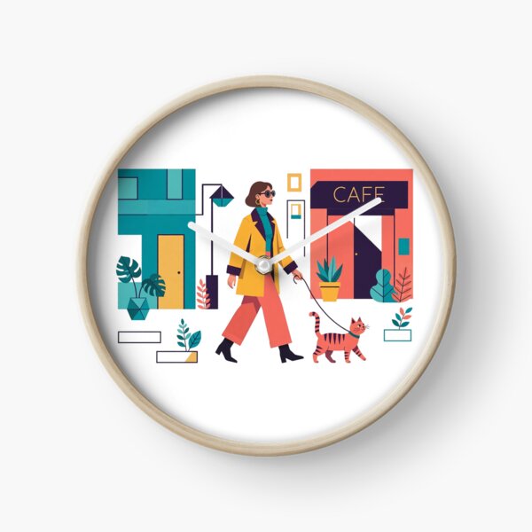 Item preview, Woman Walking Cat At Cafe Street Illustration designed and sold by ThePrintArt.