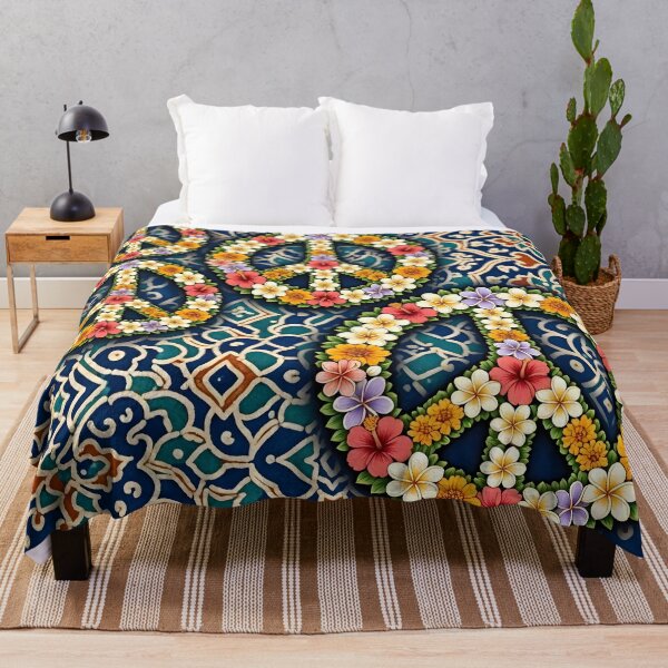 Item preview, Floral Peace Symbols on Batik Fabric Background designed and sold by Sybille-Yates.