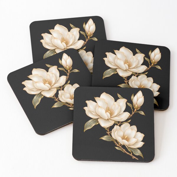 Item preview, Elegant White and Gold Magnolia Blossoms on Black Background designed and sold by BumbleBloom7.