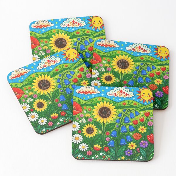Item preview, Whimsical Sunny Meadow Flowers Cartoon Style with Smiling Sun designed and sold by Nexus Space.
