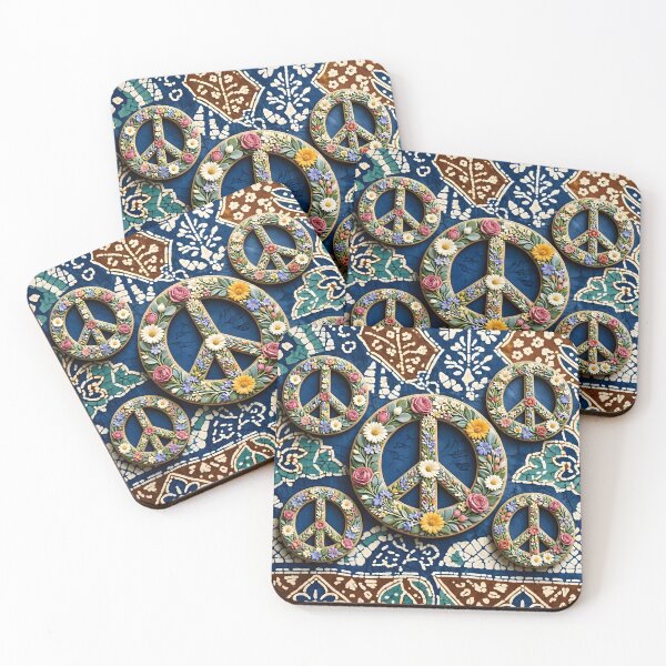 Item preview, Floral Peace Symbols on Batik Fabric Background designed and sold by Sybille-Yates.