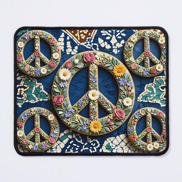 Item preview, Floral Peace Symbols on Batik Fabric Background designed and sold by Sybille-Yates.