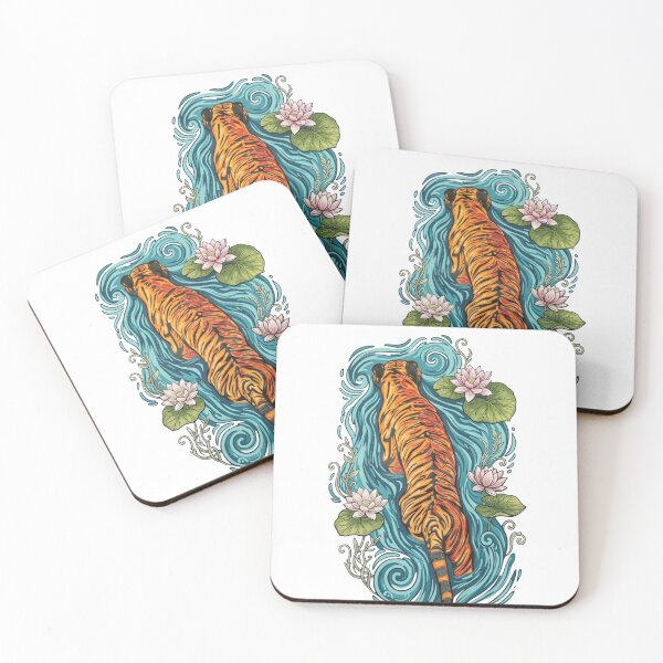 Item preview, Swimming Tiger Lotus Water – Japanese Tattoo Style Art designed and sold by RON-FASHION.